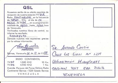 Tarjeta QSL Radio Continental